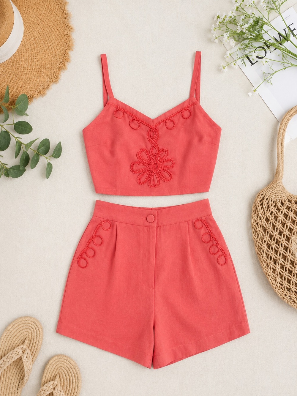 Coral Embroidered Crop Top & High-Waist Shorts Set